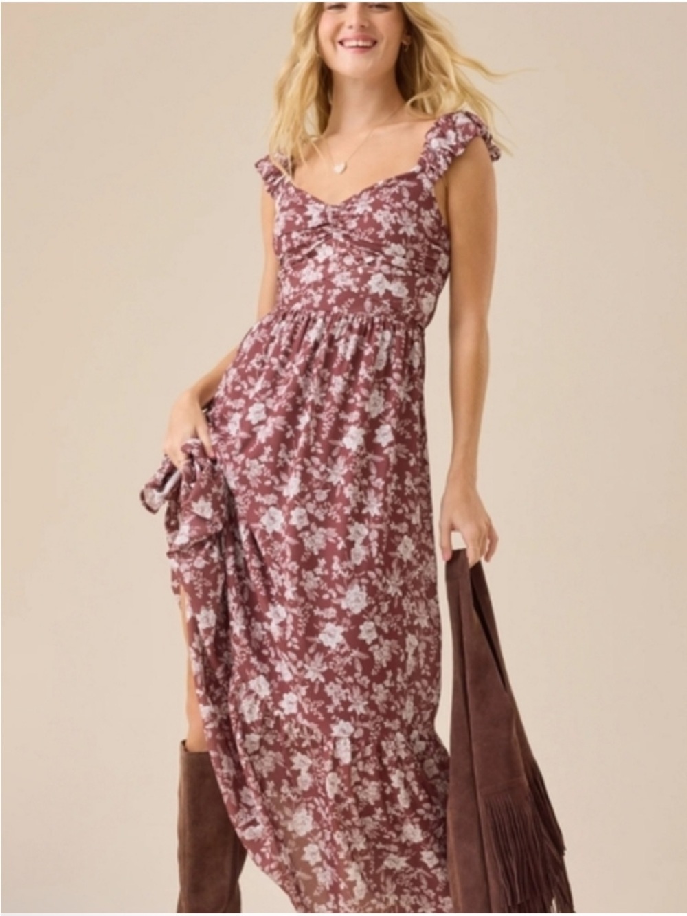 Altar'd State Mauve Floral Ruffle-Strap Maxi Dress Size XXS